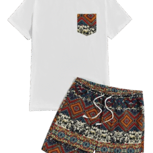 Men's Tribal Print Pocket T-Shirt & Shorts Set