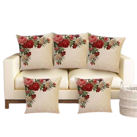 Cream 2-Seater Sofa Set with 5 Floral Throw Cushions Cream 2-Seater Sofa Set with 5 Floral Throw Cushions